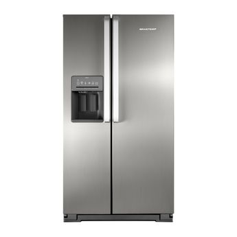 Geladeira com dispenser de água Frost Free Side by Side Inox 560 Litros Brastemp Ative! - BRS62CR - Geladeira Frost Free Inox Fechada Foto Frontal